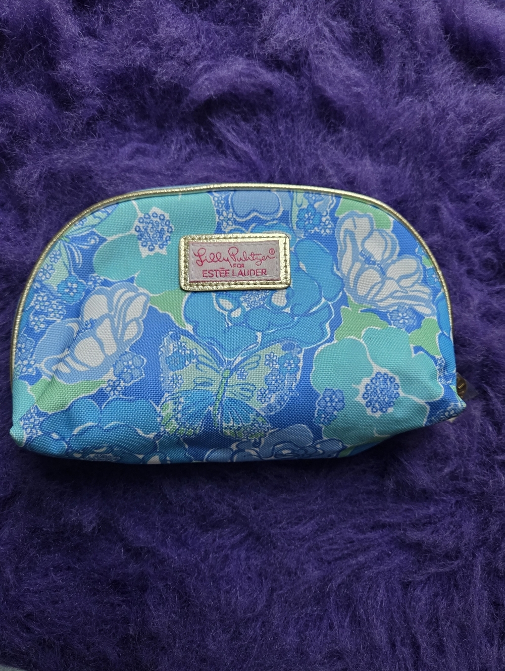 Lilly Pulitzer For Estee Lauder Floral Make Up Bag Pouch Blue Green W/ Butterfly